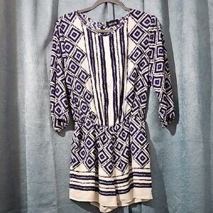 fab'rik Geometric Purple and Cream V-Neck Romper - Size Large